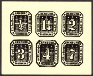 Hamburg Reprint of envelopes / cut squares in one color, 6 values, MNG