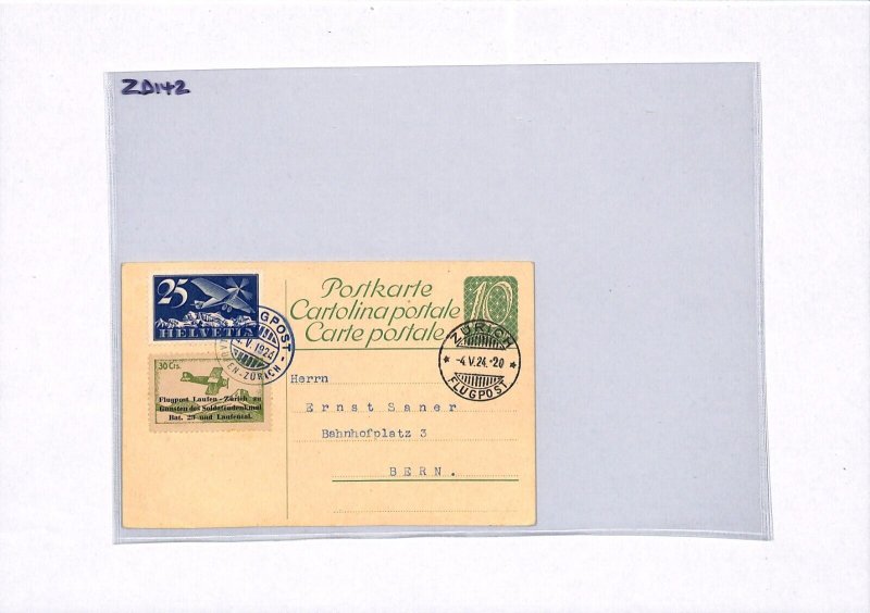 SWITZERLAND Air Mail 1924 Laufen Zurich *Soldier's Memorial* Label Card ZD142