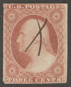 DS-1645 GENERAL ISSUE 1855 SCOTT 11 3c DULL RED FULL DESIGN PEN CANCEL $20