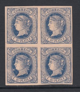 Cuba Sc 20 MNH. 1864 1r p blue on salmon Queen Isabella block of 4, XF