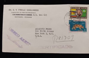 D)1958, ECUADOR, LETTER SENT TO U.S.A, CERTIFIED AIR MAIL, VISITS BY INTERNATI