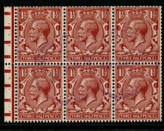 GB SGNB14z 1924 1½d RED-BROWN CANCELLED LONDON CHIEF OFFICE BOOKLET PANE MNH