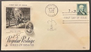 PAUL REVERE 25¢ POSTAGE #1048 APR 18 1958 BOSTON MA FIRST DAY COVER (FDC) BX4