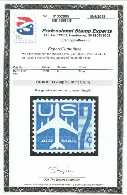  MOstamps - US #C51 Mint OG NH Grade 95 with PSE cert - Lot # MO-2088 SMQ $30