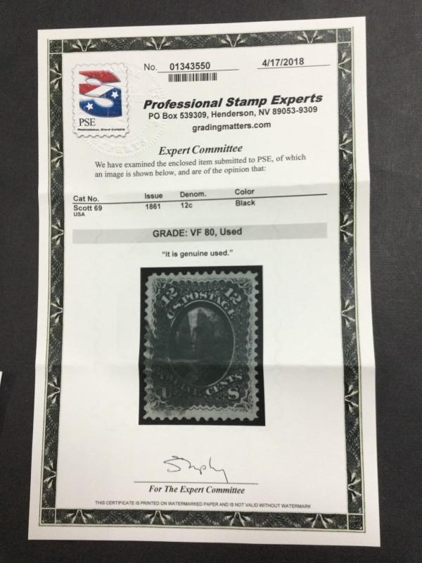 MOMEN: US STAMPS #69 USED PSE GRADED CERT VF-80 LOT #87701