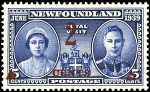 NEWFOUNDLAND Sc 250 XF/MNH - 1939 2¢ on 5¢ - KG VI &QE; Ovptd. in BROWN