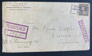 1920 Stanford University CA USA Official Registered Cover To Vienna Austria