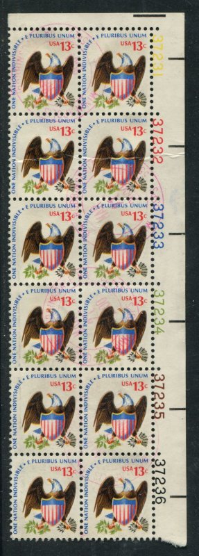 1596 13c Americana Series, Eagle & Shield Plate Block of 12 Used VF
