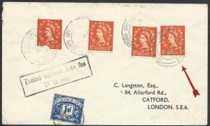 GB 1958 cover DOWN SPECIAL TPO railay cancel, 1d late fee postage due......50591