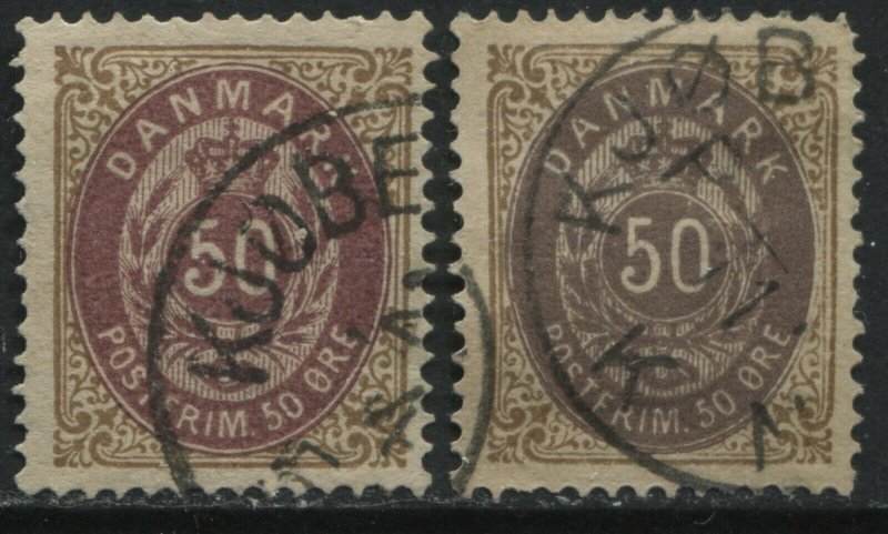 Denmark 1875 50 ore brown & violet and brown & blue violet used