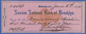 US 1874 2c Used Bank Check, Sc RN-D1, Nassau National Bank of Brooklyn NY