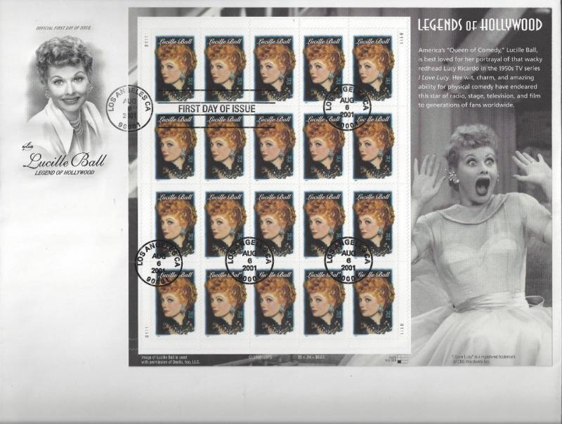 2001 USA First Day Cover Lucille Ball - Artcraft Cache - Sc 3523 - Rare! (CF91)