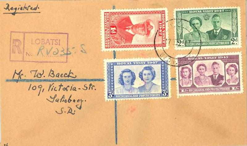 Bechuanaland 1d, 2d, 3d and 1/- Royal Visit 1947 Lobatsi, Bech. Prot. Registe...