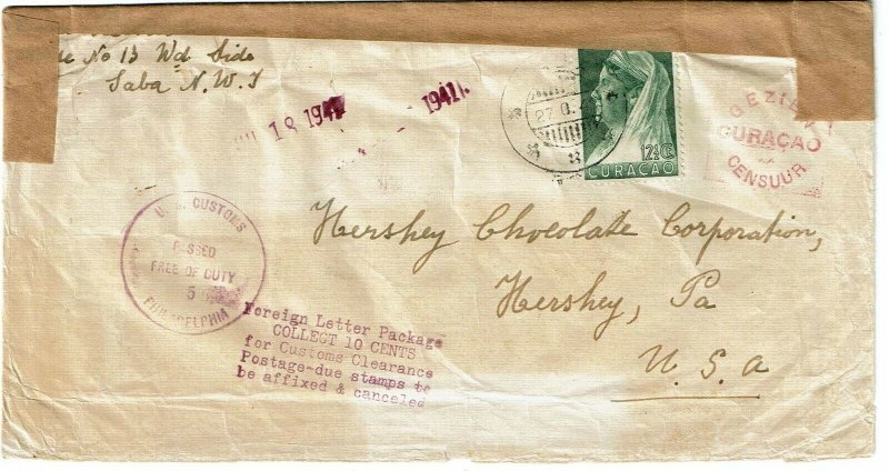Curacao 1941 Saba cancel on cover to U.S., censored, Official Seal OX21