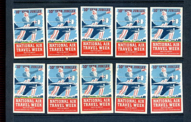 10 VINTAGE NATIONAL AIR TRAVEL WEEK POSTER STAMPS 'A MILLION MILES A  WEEK' L878