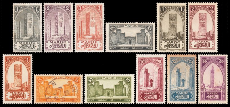 French Morocco Scott 55-57, 60, 90-94, 96, 98, 101 (1918-23) Mint H F Y
