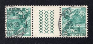 Switzerland 1936 5c green Tete beche Pair, Scott 228a used, value = 45c