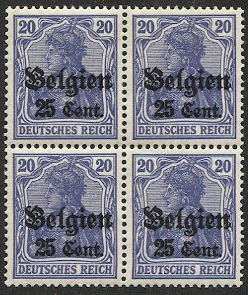 BELGIUM  1916  German Occupation Sc N18  25c on 20pf Mint NH Block VF