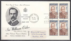 Canada Scott 495 Blk 4 Rose Craft FDC - Sir William Osler