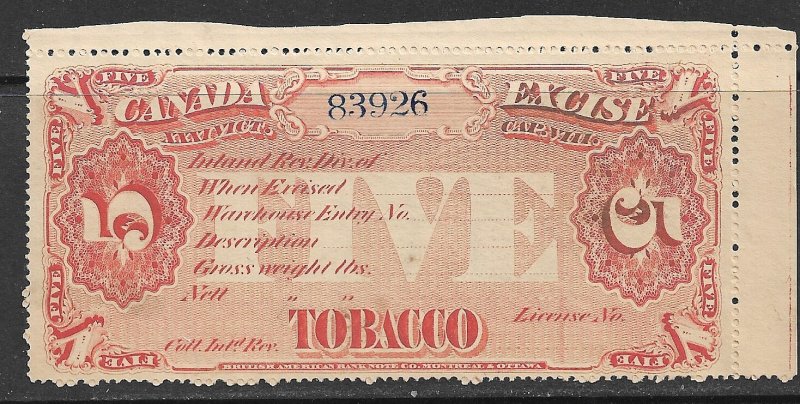 CANADA TOBACCO EXCISE Series of 1870 5lb Red TAX PAID REVENUE MNG M-257