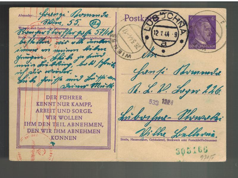 1944 Vienna Germany postcard Cover to KLV Camp Lubochna Child Bombing Refugee 3