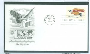 US 1341 $1 airlift stamp FDC, april 4, 1968 seattle, wa, unaddressed w/ artmaster cachet, featuring a winged package in the sky,