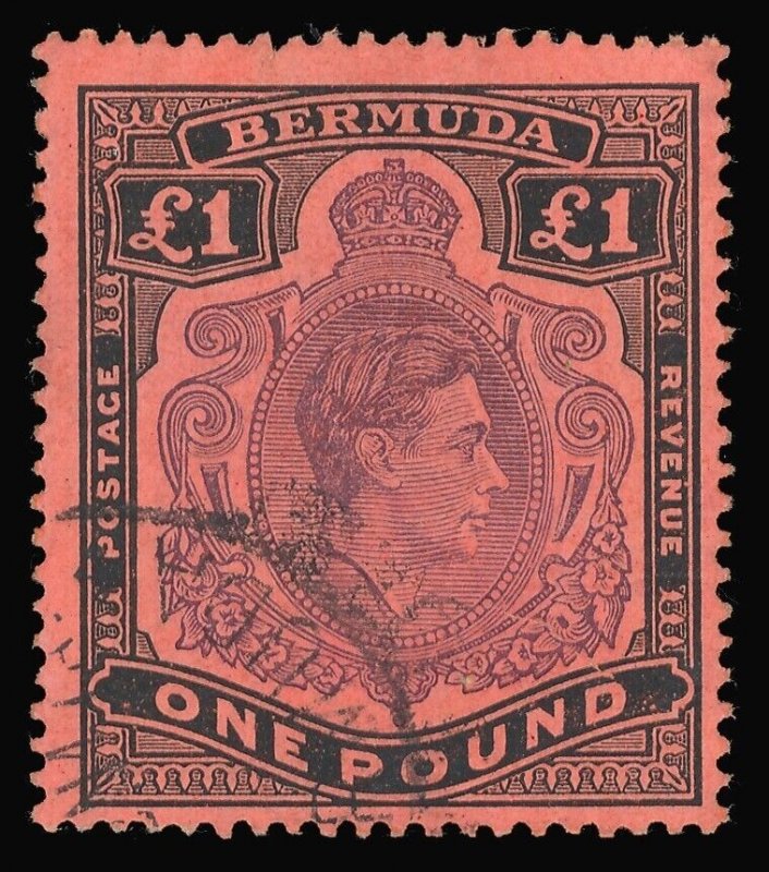 Bermuda 1943 KGVI £1 deep reddish purple & black/pale red (P14) VFU. SG 121c.