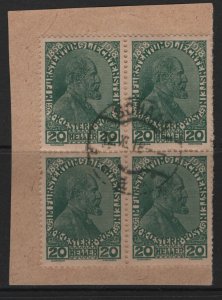 LIECHTENSTEIN 10 USED ON PIECE, BLOCK OF FOUR,  PRINCE JOHANN ISSUE 1918