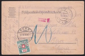 AUSTRIA 1916 WWI Field postcard used to Switzerland with postage due.......A9573