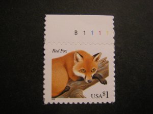 Scott 3036, $1 Fox, Plate number single, #B1111 TM, MNH Single, Flora & Fauna