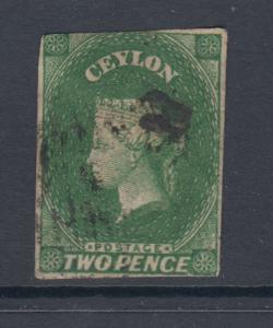 Ceylon Sc 4a used 1857 2p yellow green imperf QV, crease, F-VF appearing