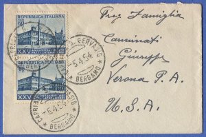 ITALY  1954 cover, Pair 60L Sc 648, Capriate San Gervasio / Bergamo to USA