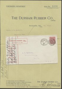 1908 Durham Rubber Co Cover With Enclosure, Bowmanville ONT to USA