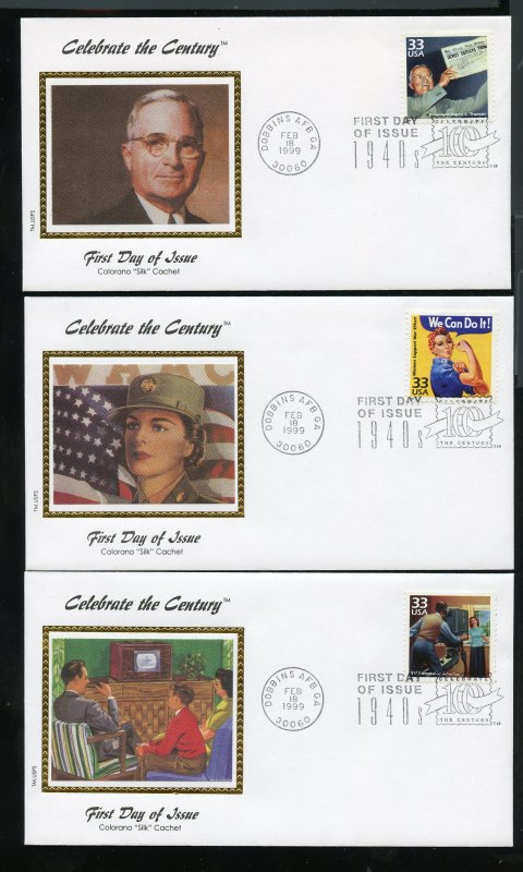 US 3186a-o Celebrate the Century 1940's UA set of 15 Colorano Silk cachet FDC