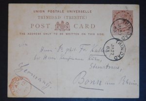 1883 Trinidad & Tobago Postal Stationery Postcard Cover To Bonn Germany