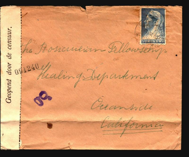 Suriname 1940s Censor Cover to USA / Fold / Taped Back - Z14968