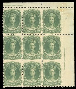 Nova Scotia #11 Cat$165, 1860 8 1/2c green, imprint block of nine, top stamps...