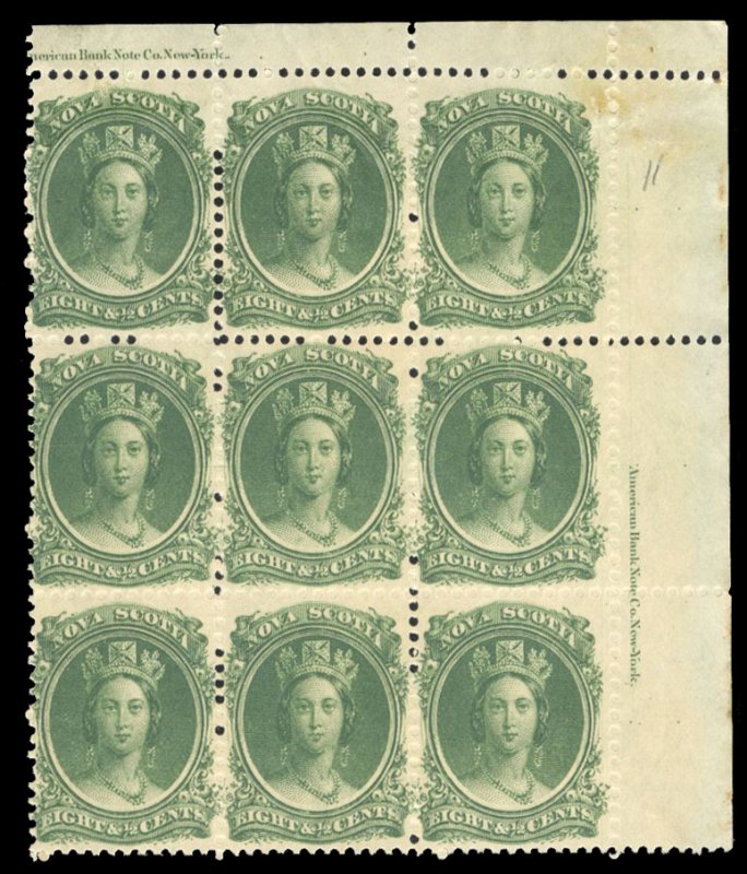 Nova Scotia #11 Cat$165, 1860 8 1/2c green, imprint block of nine, top stamps...