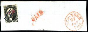 U.S. #9X1 USED ON PARTIAL NEW YORK COVER PEN CANCEL RED PAID CANCEL