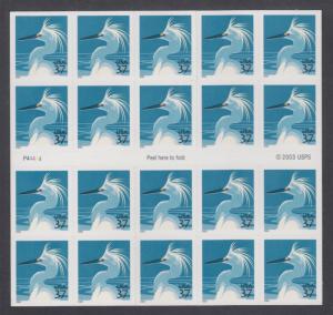 US Sc 3830De mint. 2003 37c Snowy Egret Booklet Pane of 20, plate P44444, VF