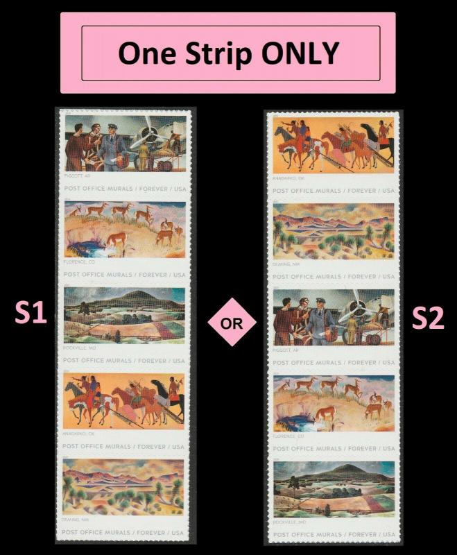 US 5372-5376 5376a Post Office Murals forever strip (5 stamps) MNH 2019 