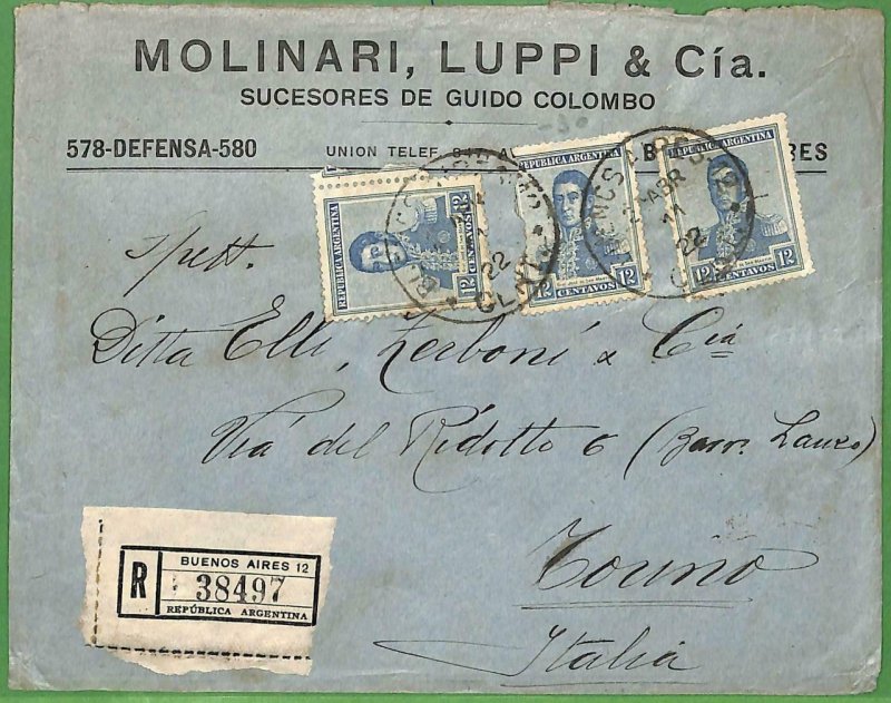 98711 - ARGENTINA - POSTAL HISTORY - Registered Advertising COVER to ITALY  1922