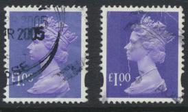 Great Britain SG Y1743 SC# MH279 Machin £1 Used x2  Bluish Violet see phosph...