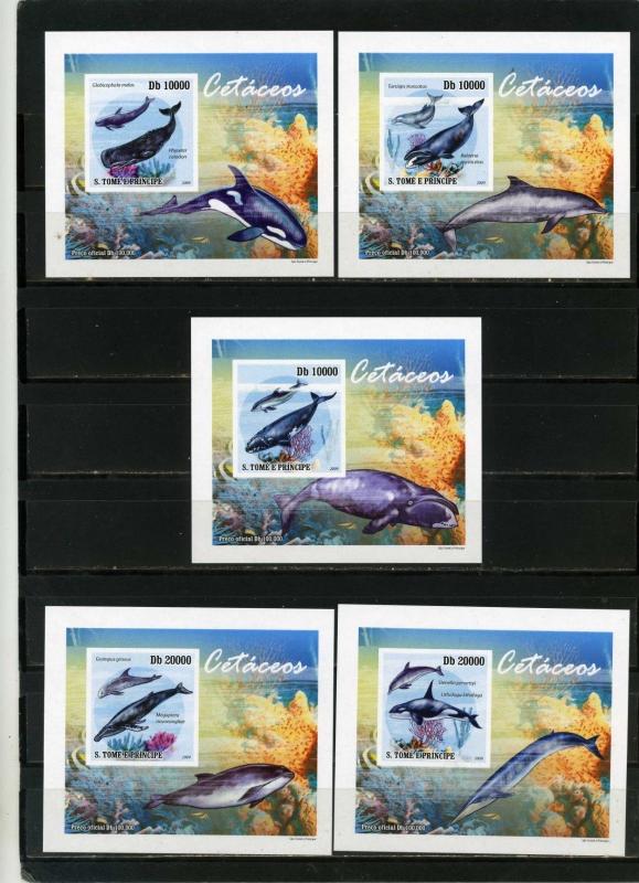 ST.THOMAS & PRINCE 2009 Sc#2182 CETACEANS/WHALES SET OF 5 DELUXE S/S MNH 
