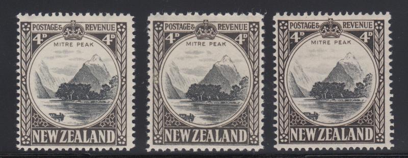 New Zealand SG 583, 583b, 583c MLH. 1936-41 4p Mitre Peak, 3 diff perfs F-VF