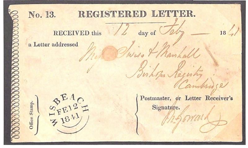 GB *VERY EARLY* REGISTERED LETTER GPO Receipt Wisbech Cambs RARE 1841 MS1482