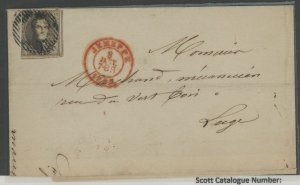 Belgium 3 Scott 3 10c on cover with a datestamp Jemkppo Jan 8, 1885 in red and ? 8 Jan 1855 in black on reverse