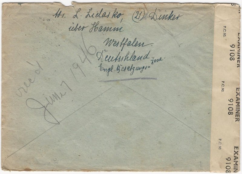 Germany A.M.G. 1946 Censored Cover from DINKER (Hamm, Westphalia) to California