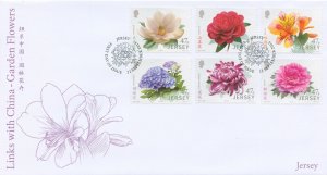 Jersey Stamps 2015 FDC Garden Flowers Links with China Magnolia Flora 6v Set