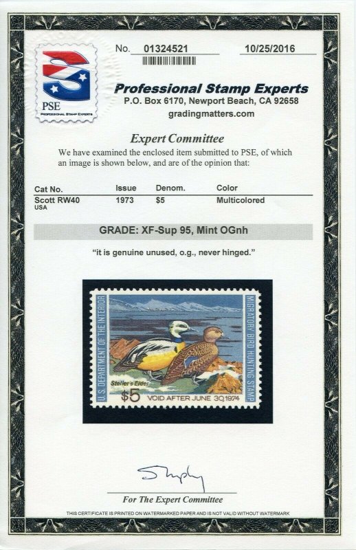 US SCOTT #RW40, Mint-XF-Sup-OG-NH Graded 95 PSE Certificate SMQ $50 (DFP2 12/11)